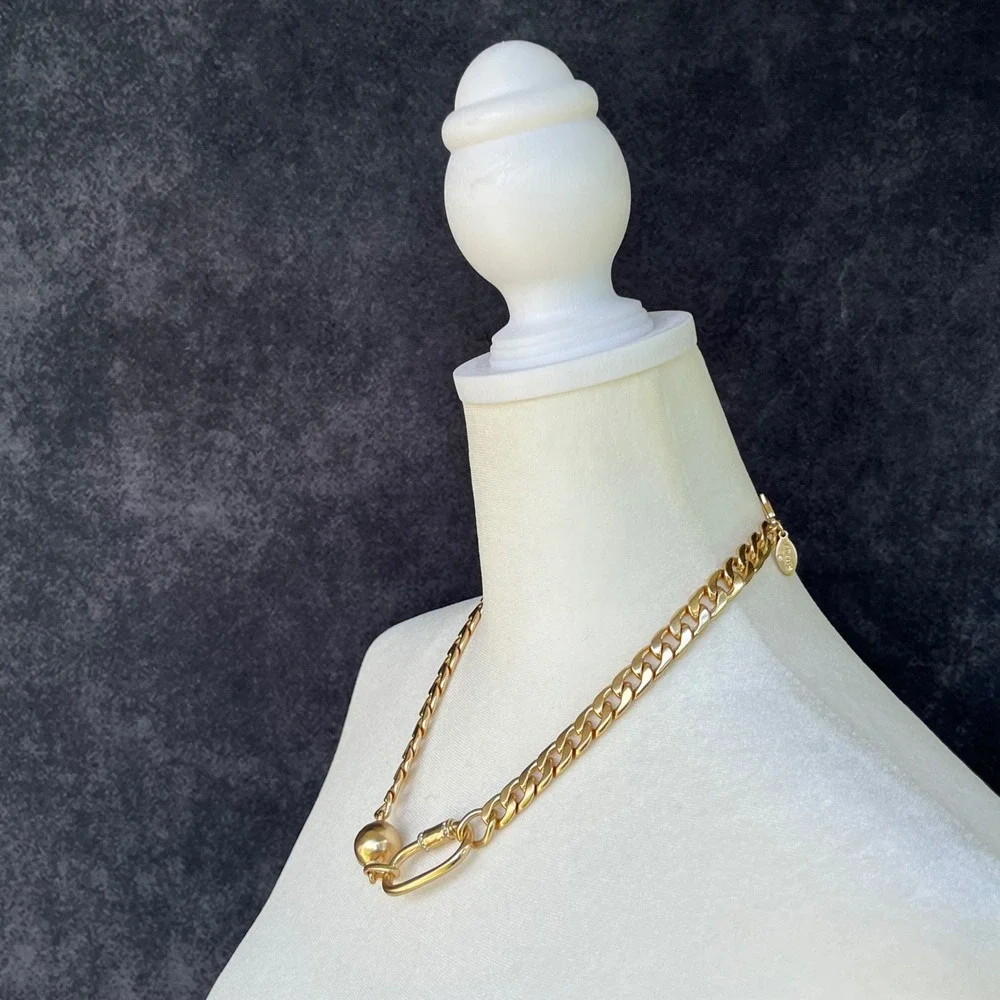 Chicos Gold Tone Chunky Curb Chain Carabiner Pave Rhinestone Necklace Womens